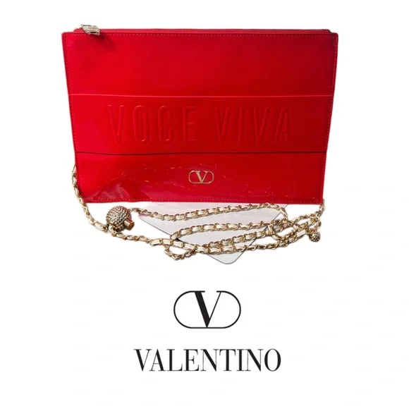 VALENTINO VOCE VIVA Red Patent Clutch with Elegant Gold Crossbody Chain - Picture 14 of 14